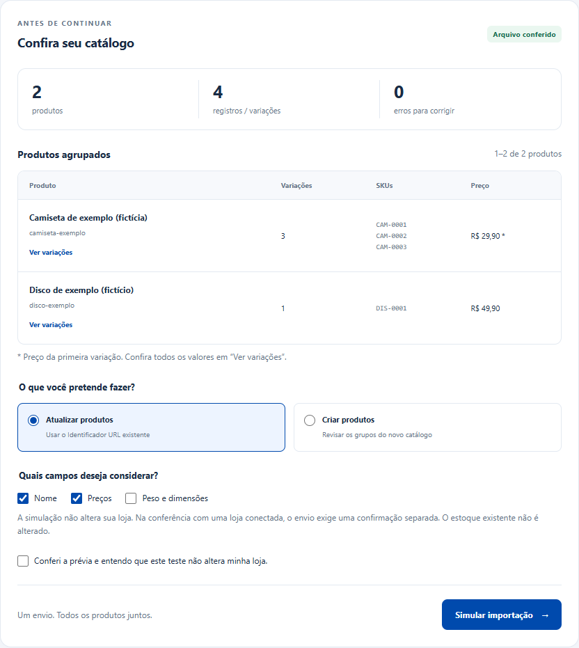 Prévia real mostrando produtos fictícios agrupados com suas variações