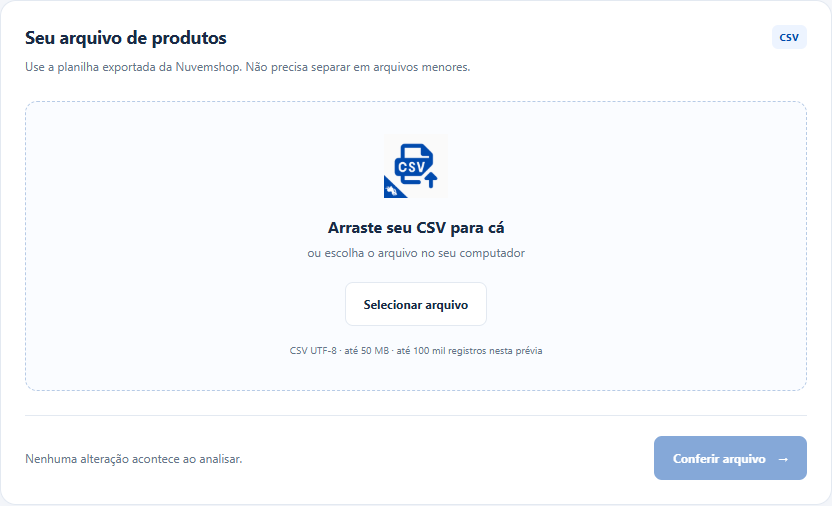 Tela real do app com a área para selecionar um único CSV